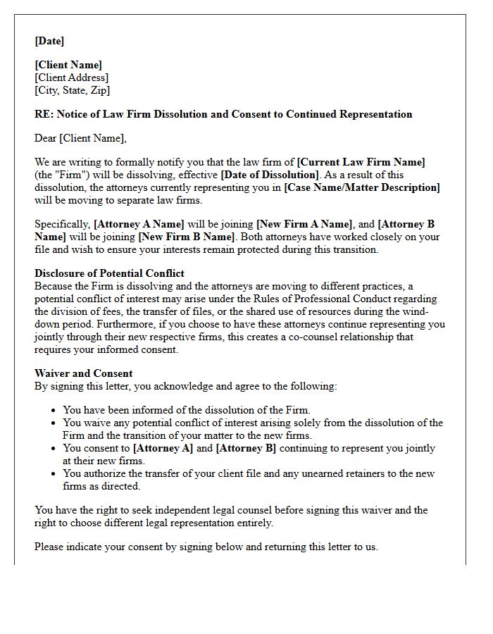 Mutual Consent Conflict Waiver Letter for Law Firm Dissolution