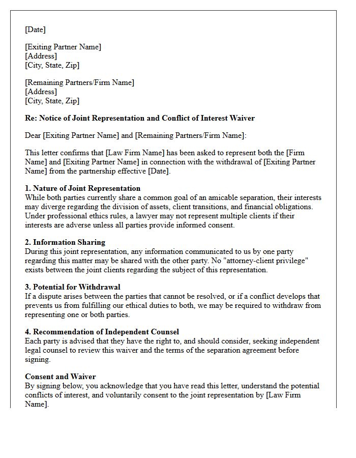 Joint Representation Conflict Waiver Letter for Exiting Partners