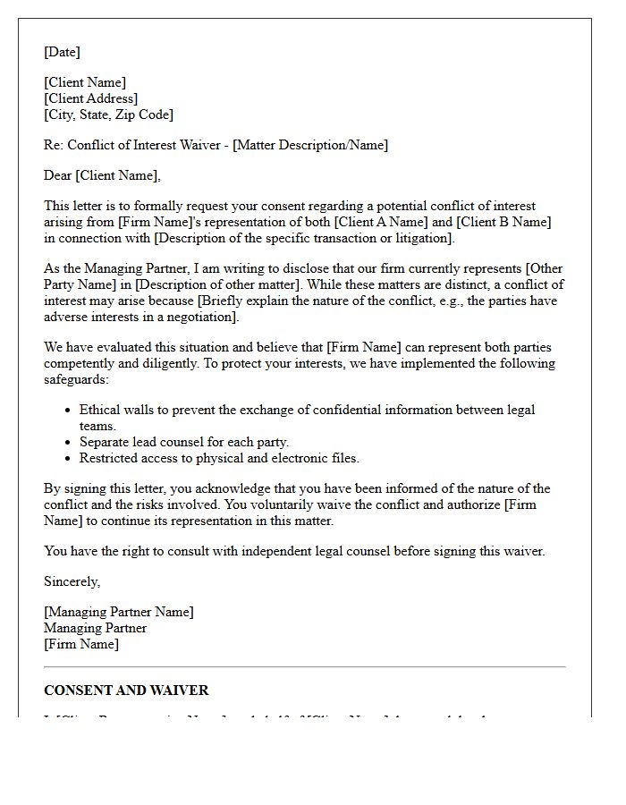 Managing Partner Representation Conflict Waiver Letter