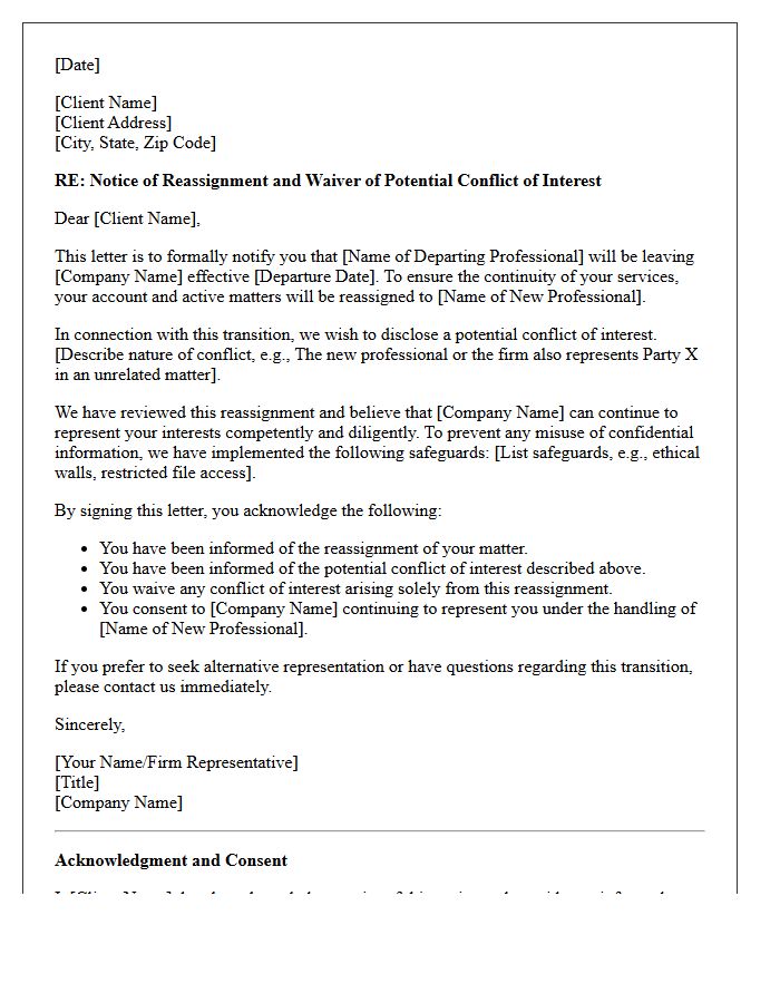 Client Reassignment and Transition Conflict Waiver Letter