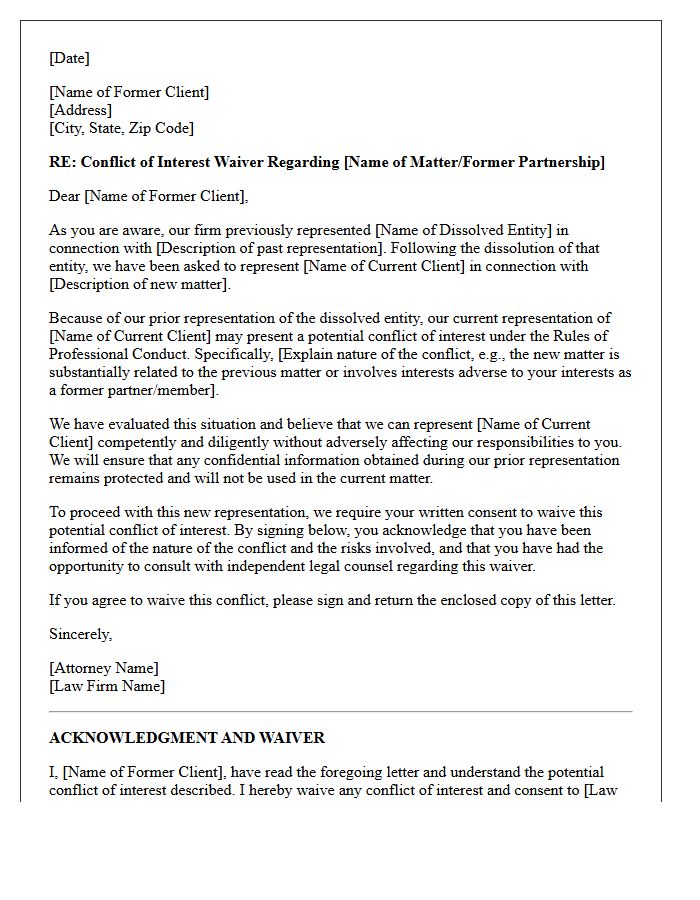 Former Client Representation Conflict Waiver Letter Post-Dissolution
