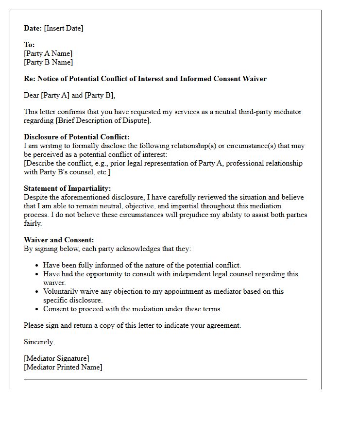 Third-Party Neutral Mediator Conflict Waiver Letter