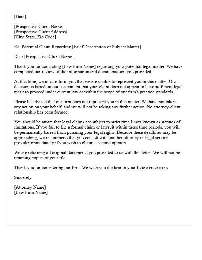 Non-Engagement Letter for Lack of Legal Merit