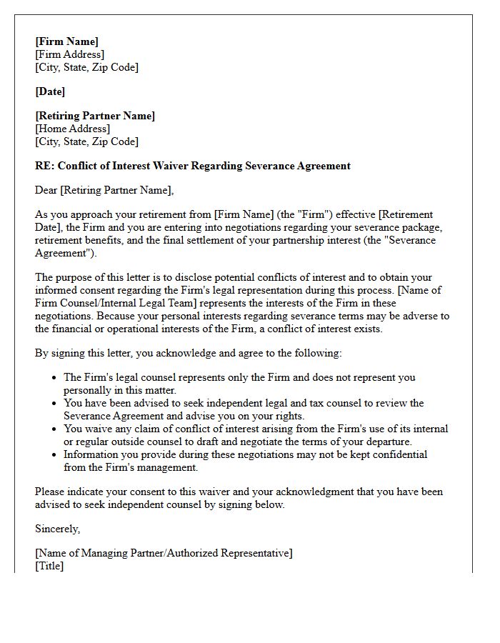 Retiring Partner Severance Conflict Waiver Letter