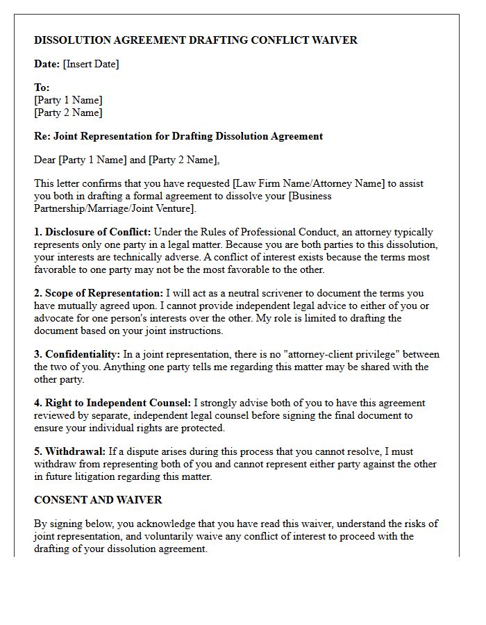 Dissolution Agreement Drafting Conflict Waiver Letter