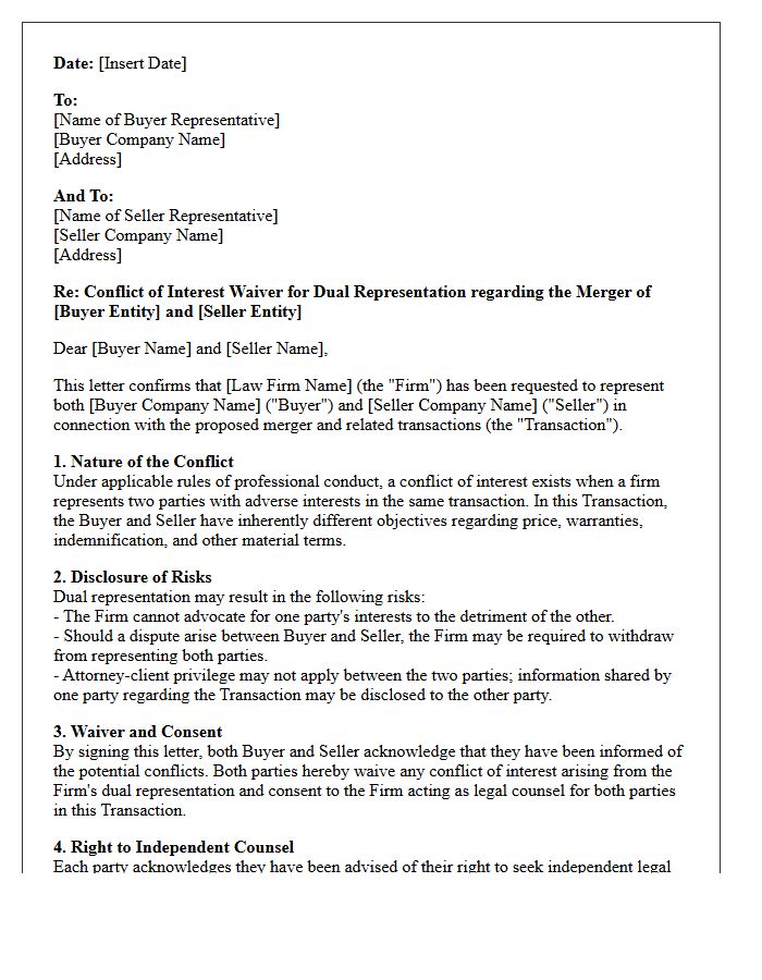 Corporate Merger Buyer And Seller Dual Representation Conflict Waiver Letter