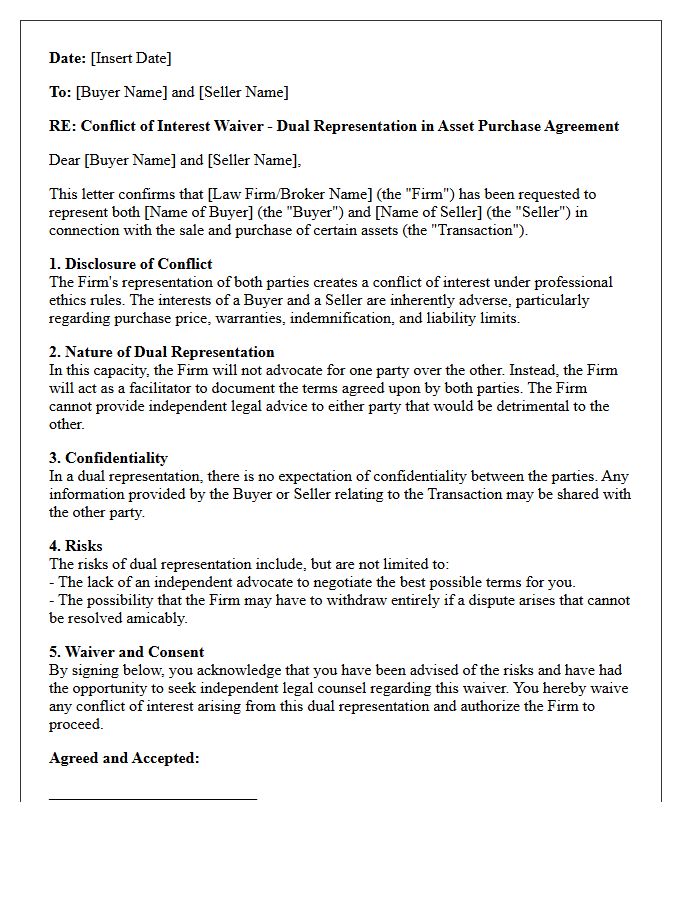 Asset Purchase Buyer And Seller Dual Representation Conflict Waiver Letter