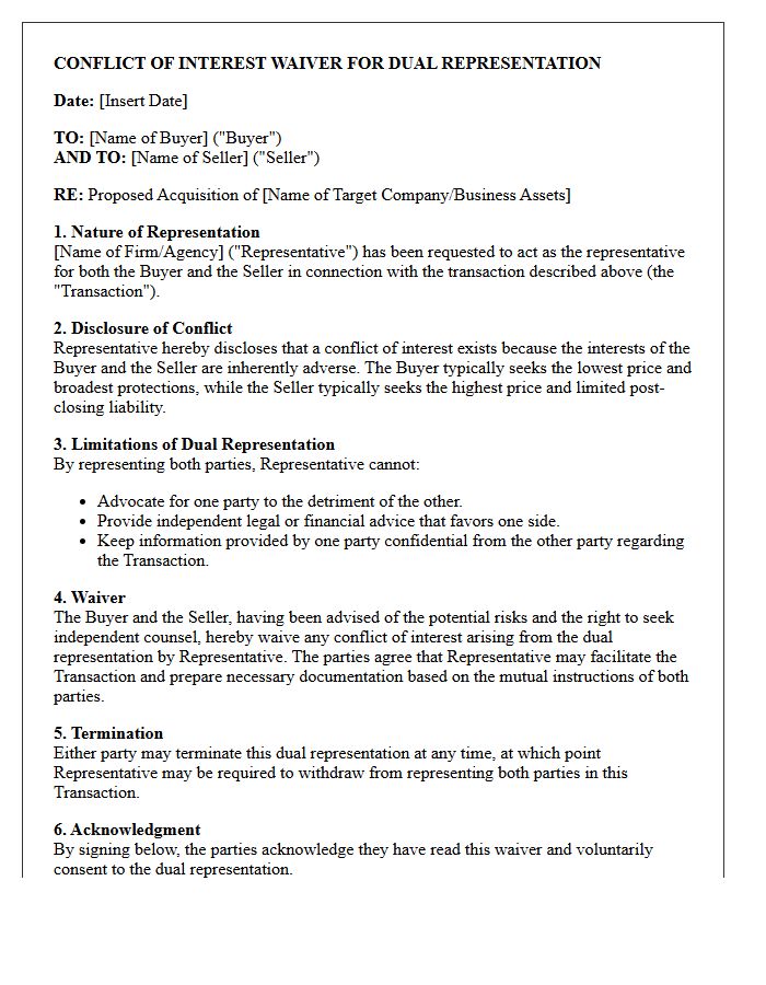 Business Acquisition Buyer And Seller Dual Representation Conflict Waiver Letter