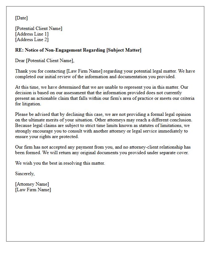 Lack of Actionable Claims Non-Engagement Letter
