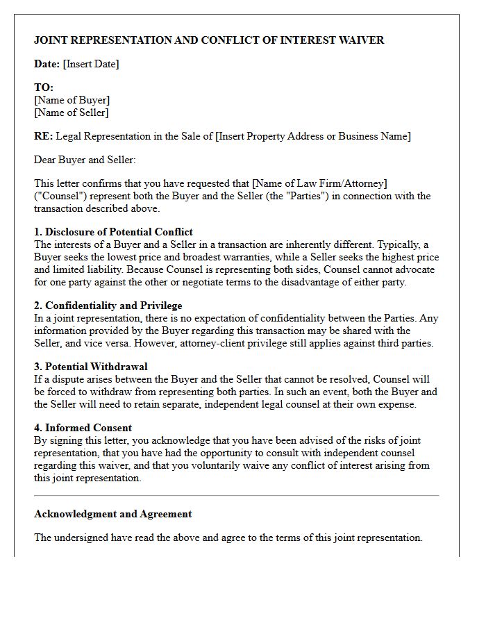 Joint Counsel Buyer And Seller Dual Representation Conflict Waiver Letter