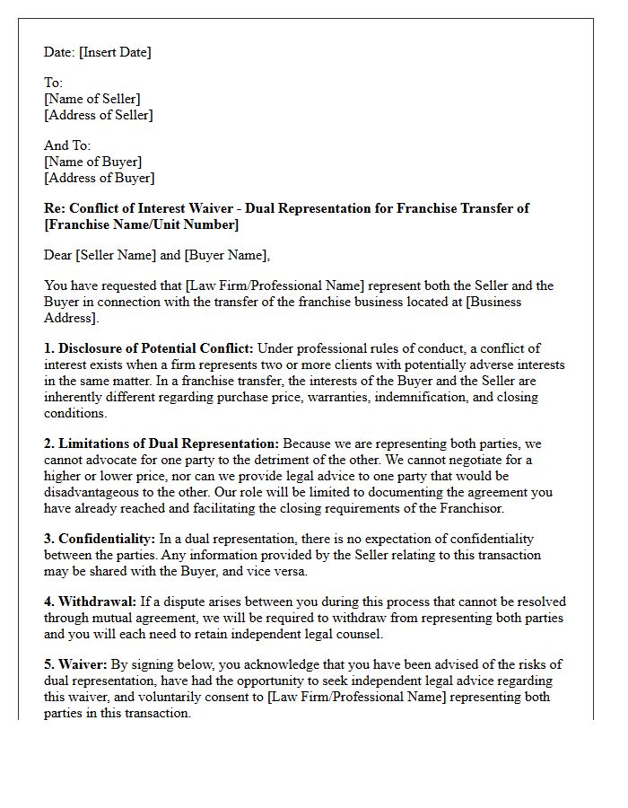 Franchise Transfer Buyer And Seller Dual Representation Conflict Waiver Letter