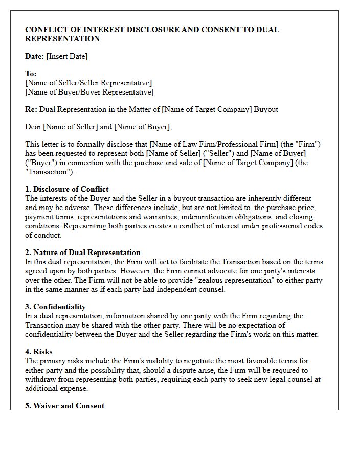 Company Buyout Buyer And Seller Dual Representation Conflict Waiver Letter