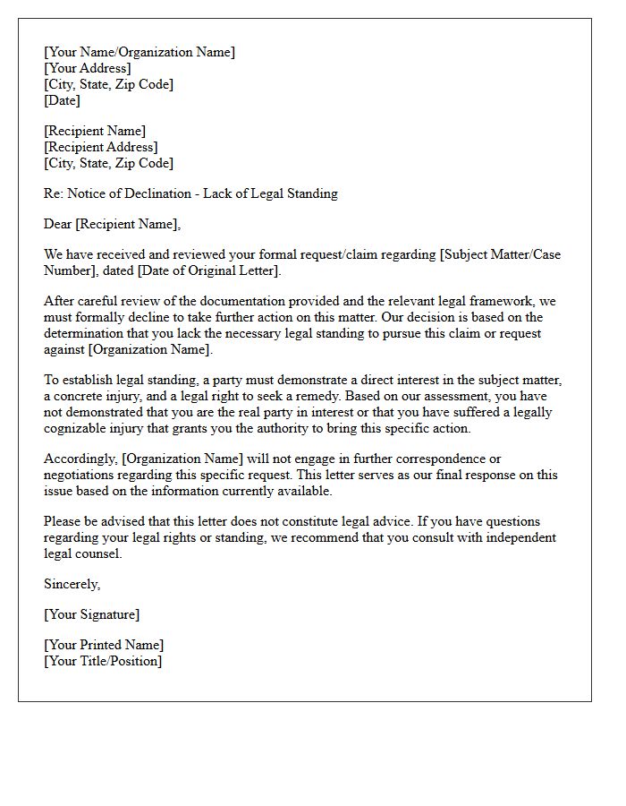 Absence of Legal Standing Declination Letter