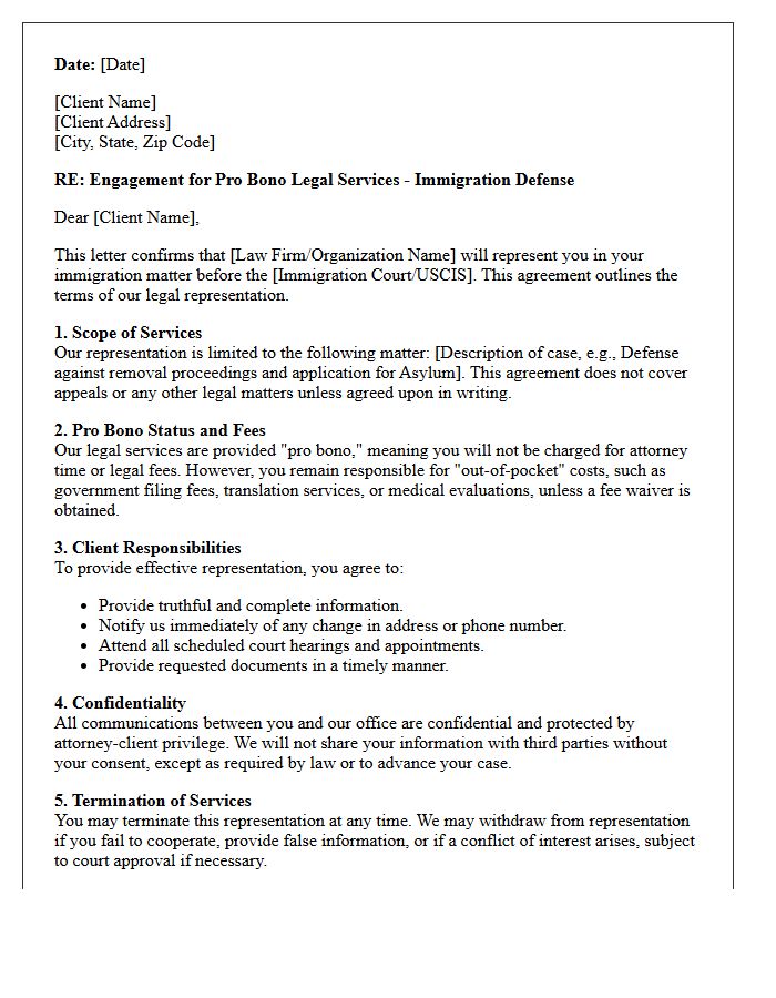 Immigration Defense Pro Bono Legal Services Engagement Letter