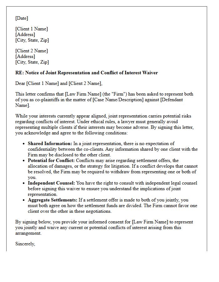 Standard Co-Plaintiff Joint Representation Conflict Waiver Letter