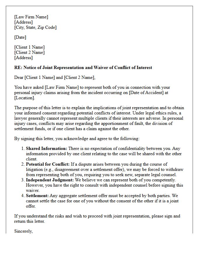 Personal Injury Co-Plaintiff Joint Representation Conflict Waiver Letter