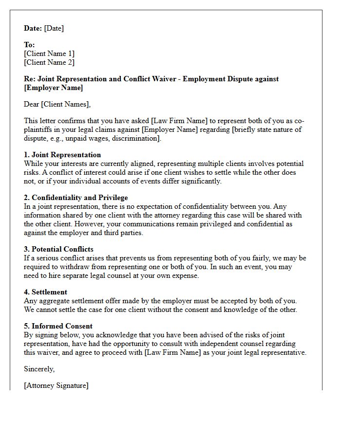 Employment Dispute Co-Plaintiff Joint Representation Conflict Waiver Letter