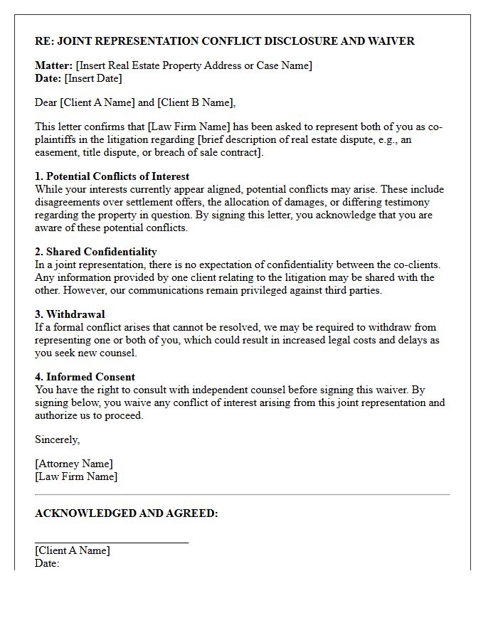Real Estate Litigation Co-Plaintiff Joint Representation Conflict Waiver Letter