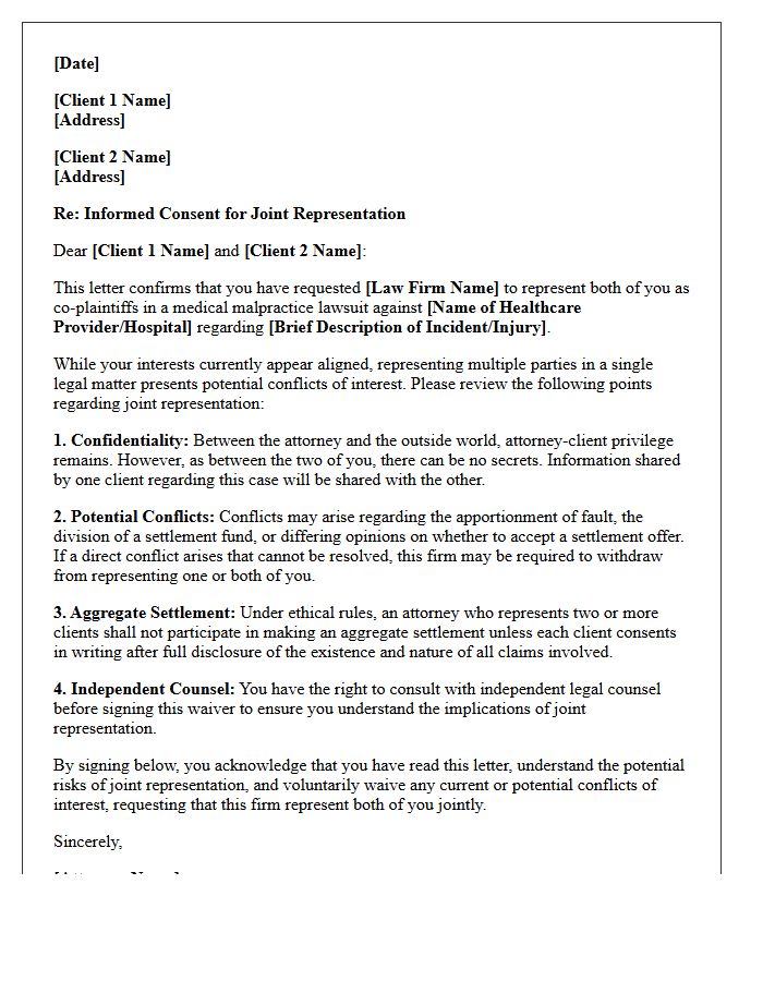 Medical Malpractice Co-Plaintiff Joint Representation Conflict Waiver Letter