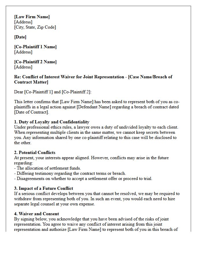 Breach of Contract Co-Plaintiff Joint Representation Conflict Waiver Letter