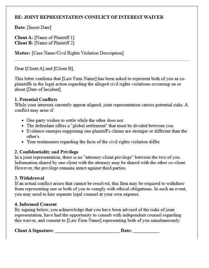 Civil Rights Violation Co-Plaintiff Joint Representation Conflict Waiver Letter