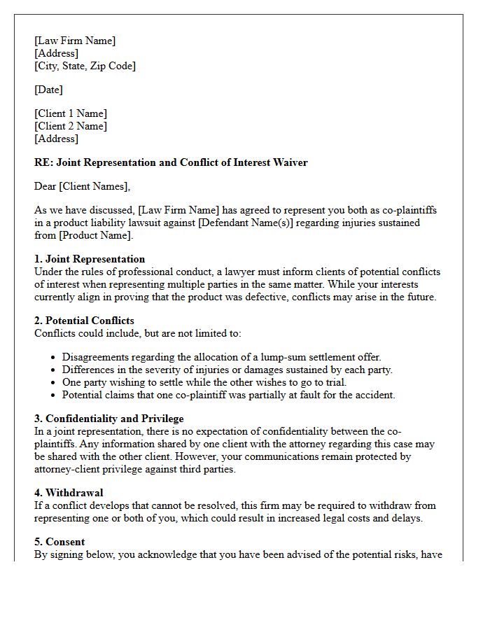 Product Liability Co-Plaintiff Joint Representation Conflict Waiver Letter
