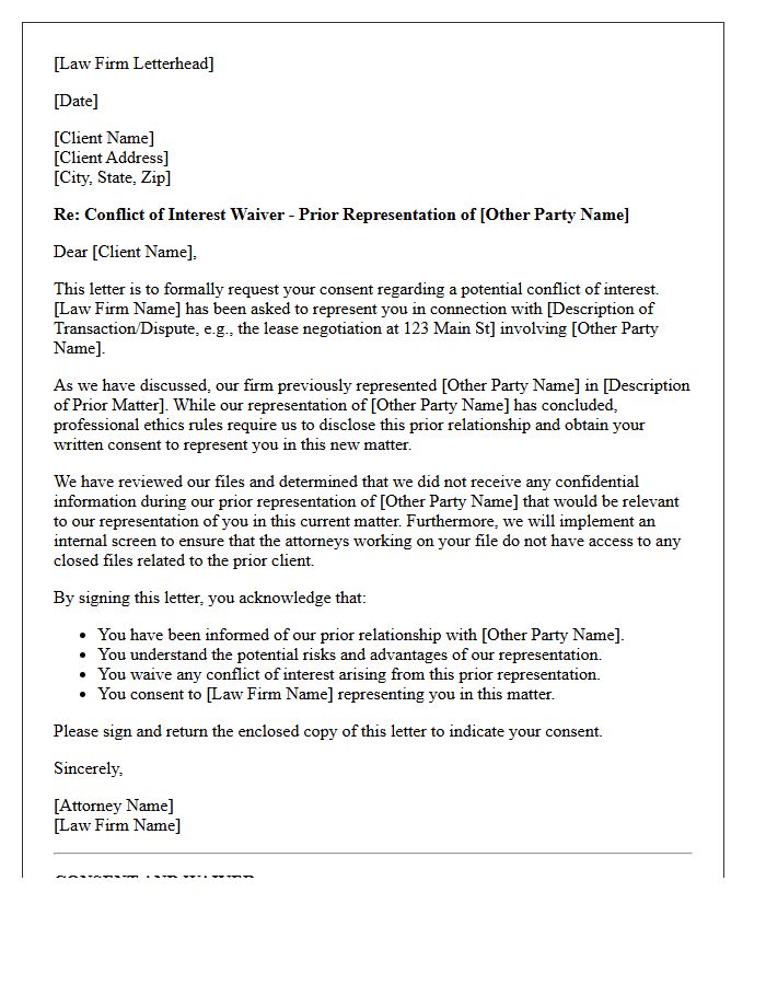 Prior Representation Commercial Landlord And Tenant Conflict Waiver Letter