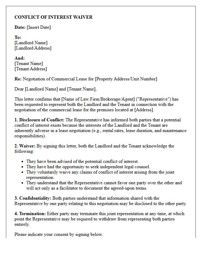 Commercial Lease Negotiation Landlord And Tenant Conflict Waiver Letter