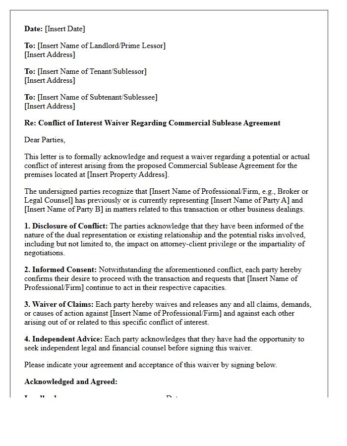 Commercial Sublease Agreement Landlord And Tenant Conflict Waiver Letter