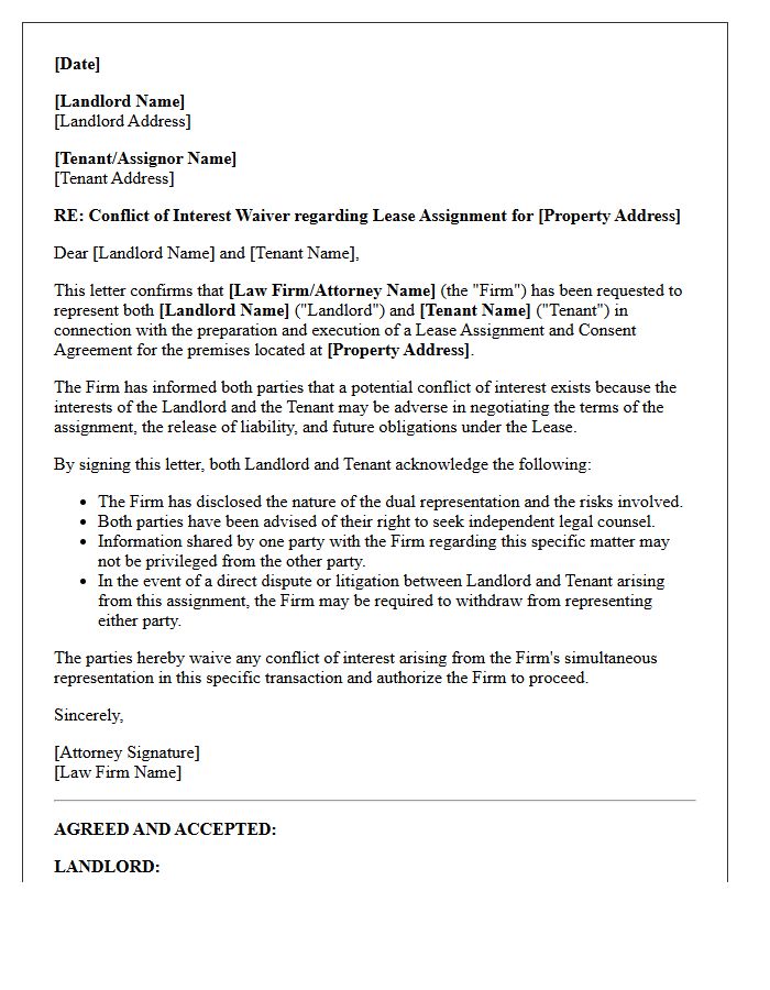 Commercial Lease Assignment Landlord And Tenant Conflict Waiver Letter