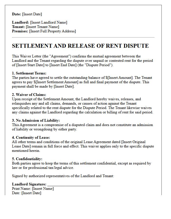 Commercial Rent Dispute Landlord And Tenant Conflict Waiver Letter