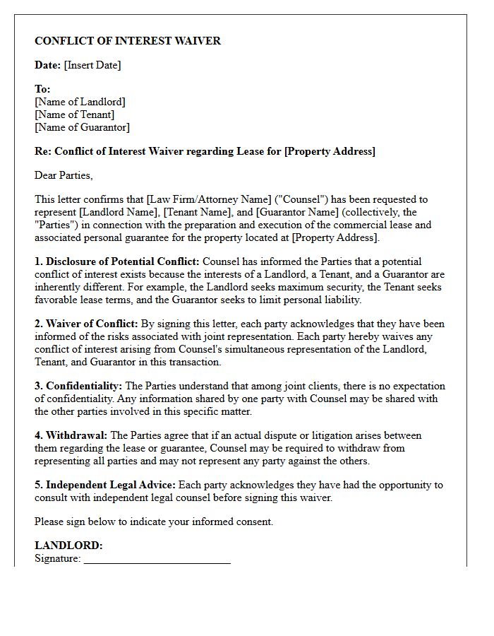 Commercial Lease Guarantor Landlord And Tenant Conflict Waiver Letter