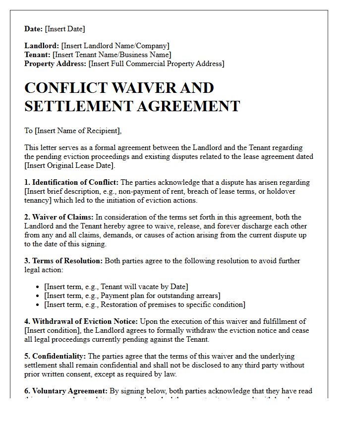 Commercial Property Eviction Landlord And Tenant Conflict Waiver Letter
