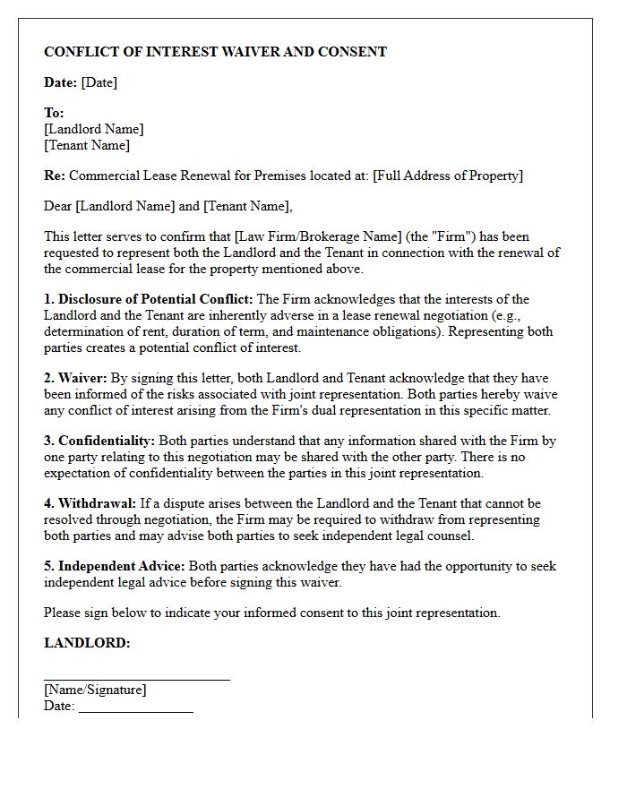 Commercial Lease Renewal Landlord And Tenant Conflict Waiver Letter