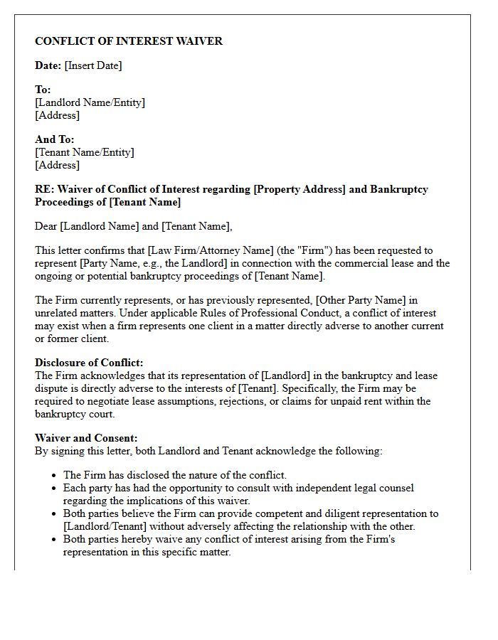 Commercial Tenant Bankruptcy Landlord And Tenant Conflict Waiver Letter