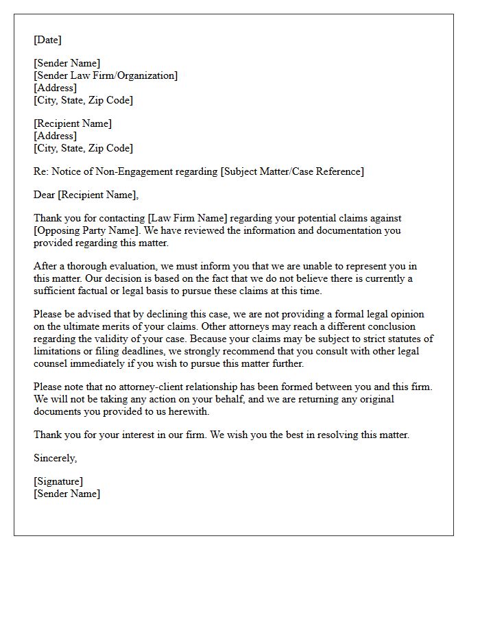 Unsubstantiated Legal Claims Non-Engagement Letter