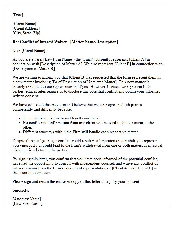 Standard Concurrent Client Unrelated Matter Conflict Waiver Letter