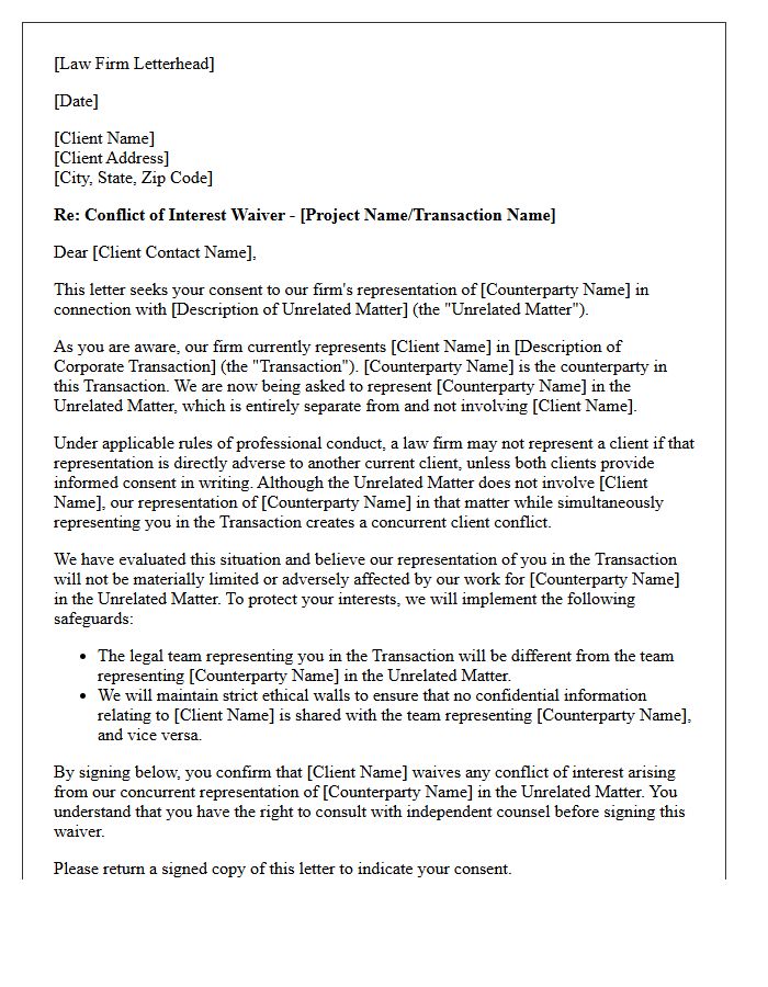 Corporate Transaction Concurrent Client Unrelated Matter Conflict Waiver Letter