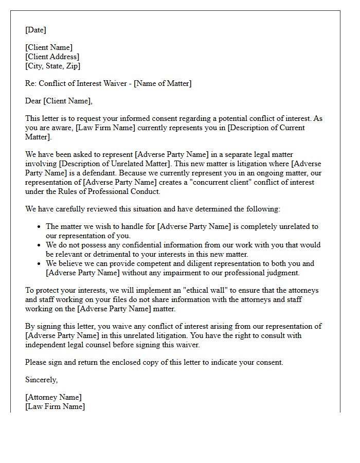 Litigation Defense Concurrent Client Unrelated Matter Conflict Waiver Letter