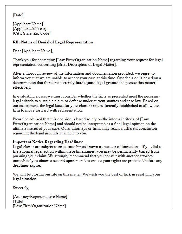 Inadequate Legal Grounds Representation Denial Letter
