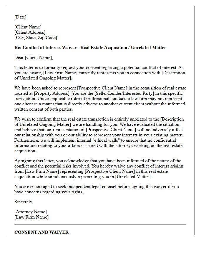 Real Estate Acquisition Concurrent Client Unrelated Matter Conflict Waiver Letter
