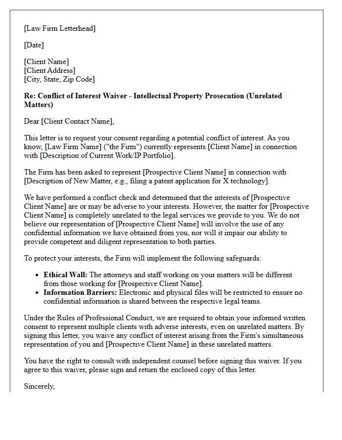 Intellectual Property Prosecution Concurrent Client Unrelated Matter Conflict Waiver Letter