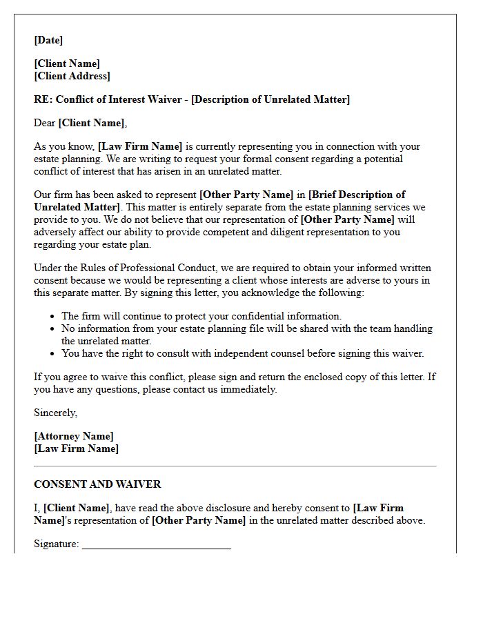Estate Planning Concurrent Client Unrelated Matter Conflict Waiver Letter