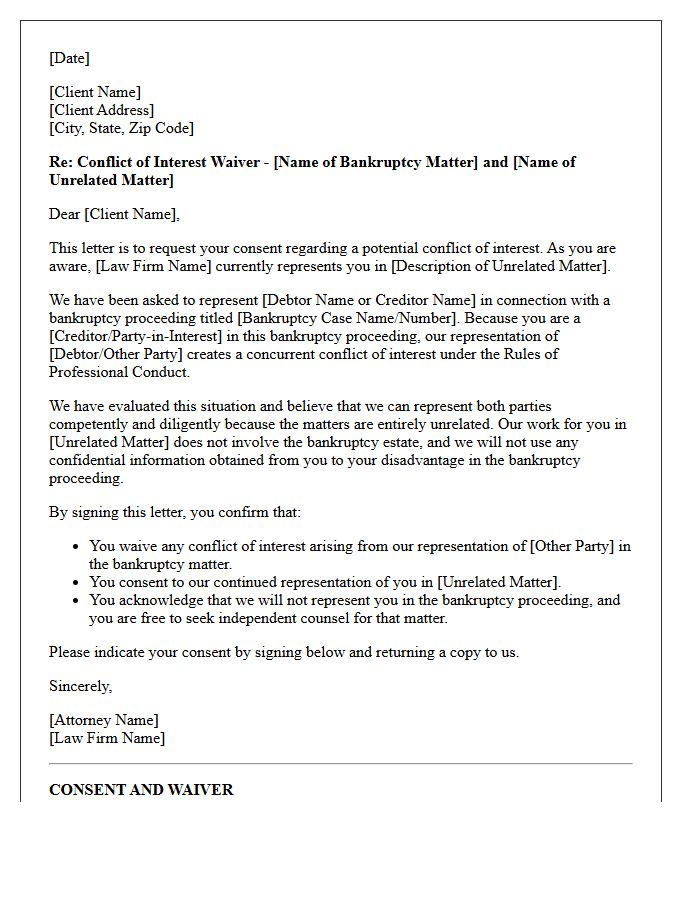 Bankruptcy Proceeding Concurrent Client Unrelated Matter Conflict Waiver Letter
