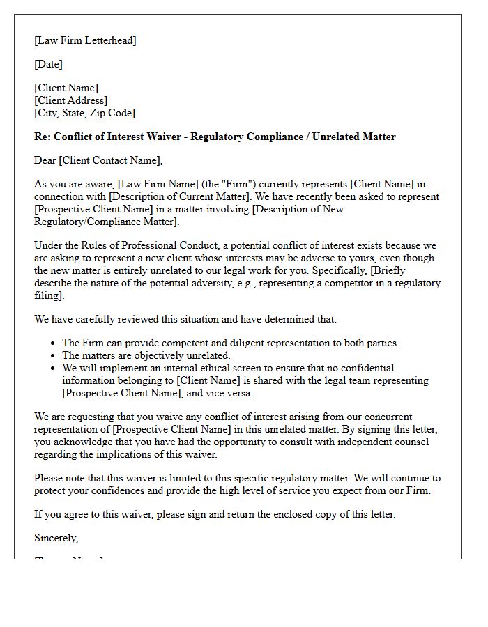Regulatory Compliance Concurrent Client Unrelated Matter Conflict Waiver Letter