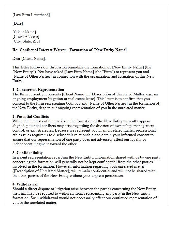 Business Formation Concurrent Client Unrelated Matter Conflict Waiver Letter