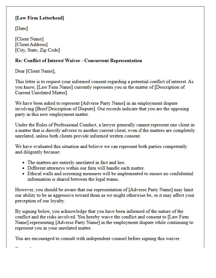 Employment Dispute Concurrent Client Unrelated Matter Conflict Waiver Letter