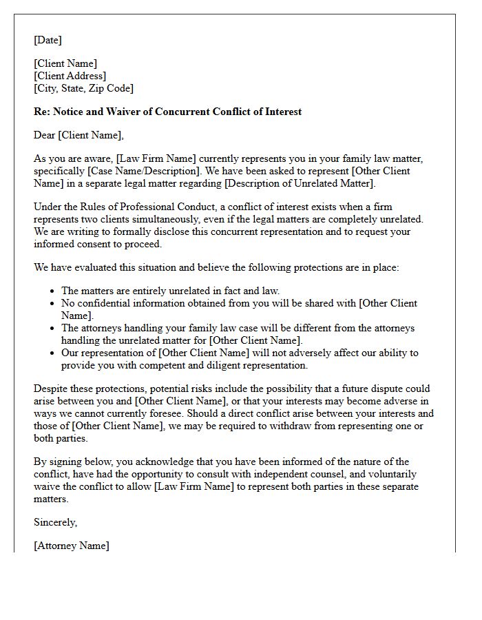 Family Law Concurrent Client Unrelated Matter Conflict Waiver Letter