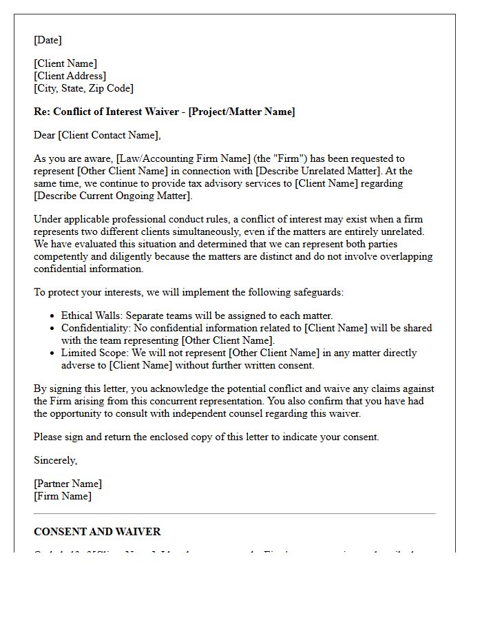 Tax Advisory Concurrent Client Unrelated Matter Conflict Waiver Letter
