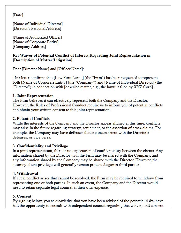 Joint Representation Conflict Waiver Letter for Corporate Entity and Individual Director